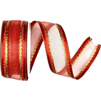 Stuha Stuha organzová MONDAN RUBY RED červená PREMIUM 25mm x 2m (13,-Kč/m) (Stuha organzová, saténové okraje, zlaté prošívání, s vlascem v lemu)