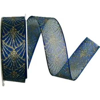 Stuha Stuha vánoční organzová GLAMOUR FESTIVAL NAVY BLUE 25mm x 2m (13,-Kč/m) (Stuha vánoční organzová, potisk se zlatým glitrem, s vlascem v lemu)
