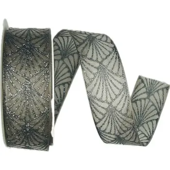 Stuha Stuha vánoční organzová GLAMOUR FESTIVAL GRANIT 25mm x 2m (13,-Kč/m) (Stuha vánoční organzová, potisk se stříbrným glitrem, s vlascem v lemu)