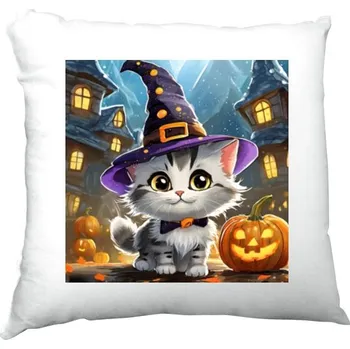 Dekorativní polštářek Polštář saténový s potiskem Roztomilý halloweenský polštářek s kočičkou