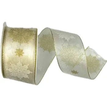 Stuha Vánoční stuha Winter Elegance – Cream Gold 40mm x m (16,-Kč/m) (Vánoční stuha taftová, průsvitná, barva krémová, jemný zlatý potisk, s drátkem v lemu)