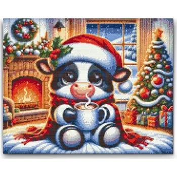 Diamantové malování Diamantové malování - Vánoční kravička se šálkem kávy Velikost: 30x40cm, Rámování: Pouze srolované plátno, Diamanty: Čtvercové