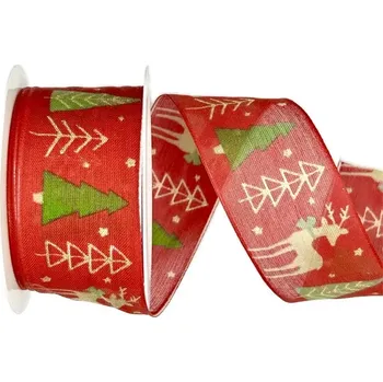 Stuha Vánoční bavlněná stuha WINTER FOREST DEER RED červená 40mm x 2m (14,-Kč/m) (Vánoční stuha červená, bavlněná, jednostranný potisk, s drátkem v lemu)