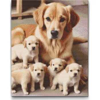 Diamantové malování Diamantové malování - Zlatý retrívr a štěňátka Velikost: 30x40cm, Rámování: Pouze srolované plátno, Diamanty: Čtvercové