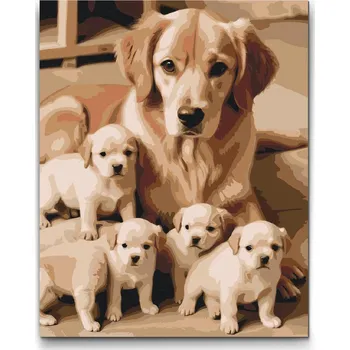 Malování podle čísel - Zlatý retrívr a štěňátka Velikost: 30x40cm, Rámování: Pouze srolované plátno