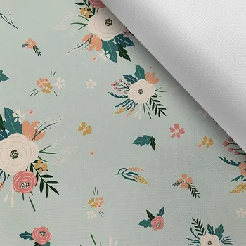 Látka s potiskem nepromokavý polyester TD/NS květiny z mentolu