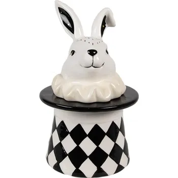 Dóza na potraviny Černobílá keramická dóza na sušenky s králíkem v klobouku Circus Bunny – 20 cm