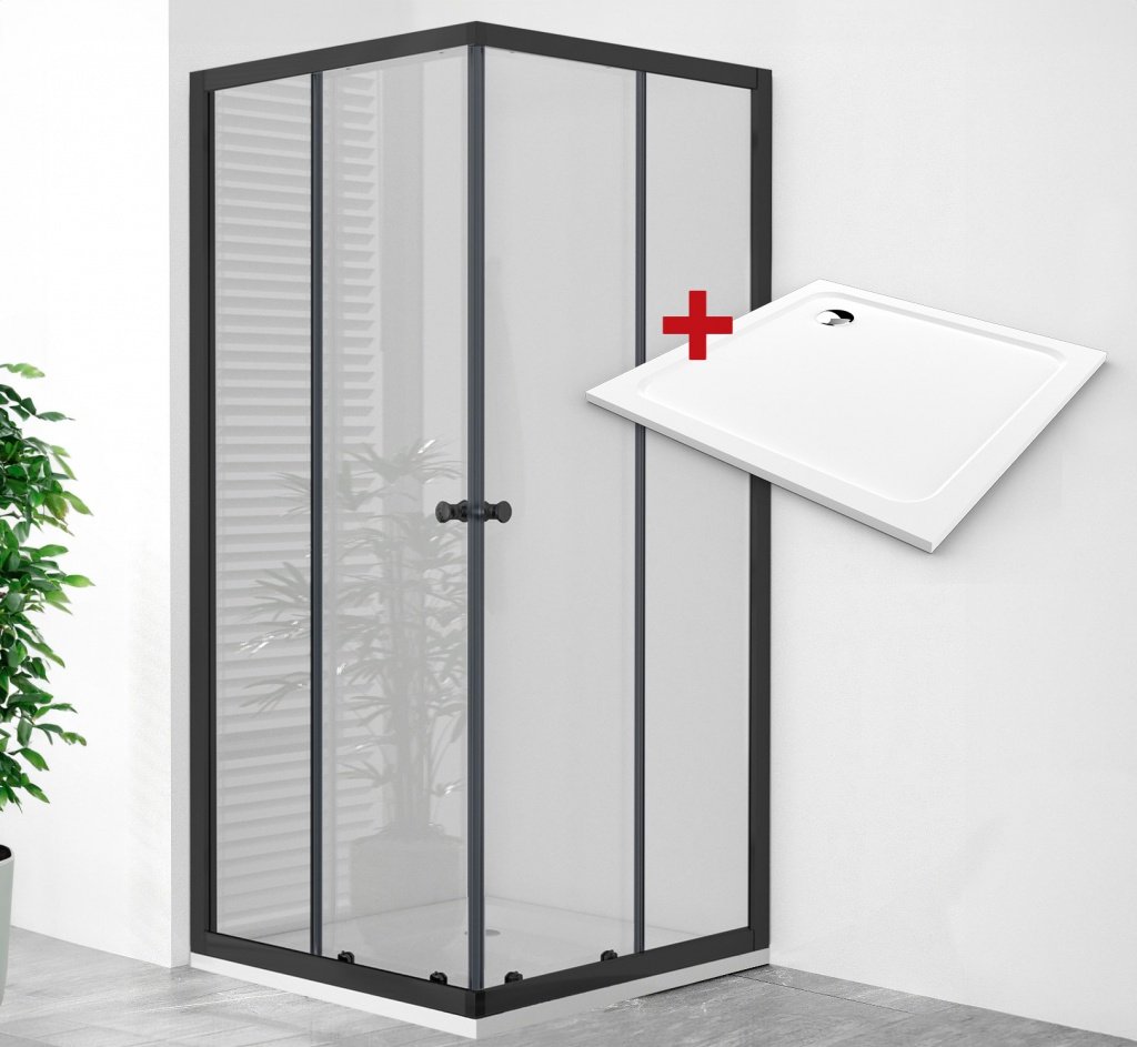 WellMall POINT Q BLACK ROCKY 80x80 Clear Čtvercový sprchový kout s mramorovou vaničkou, skladem