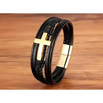 Náramek B-TOP Módní kožený náramek Zlatý Kříž Délka: 23cm