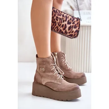 Dámské kozačky Zazoo 60499 Dámské Botky Na Platformě A Klínu Zateplené Přírodní Kůže Tmavo Barva: Béžová, Velikost: 41