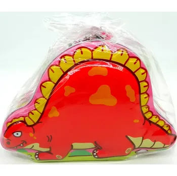 Dřevěná hračka Pokladnička dinosaurus plechová se zámkem 18x13cm