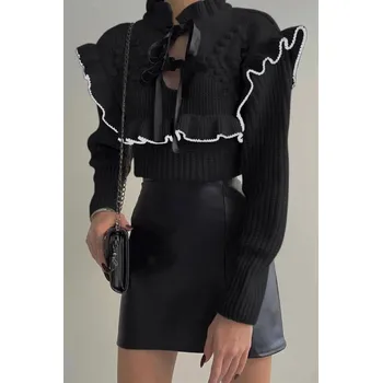 Dámský svetr 76249 Dewberry Ruffle Detail Knitted Women Sweater-BLACK dewberry černá 2937966