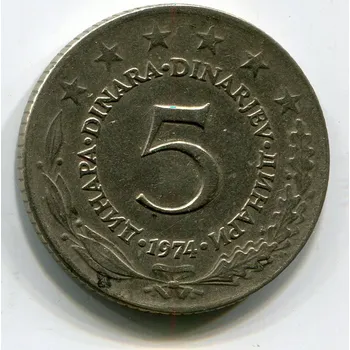 JUGOSLÁVIE. 5 dinara 1974.