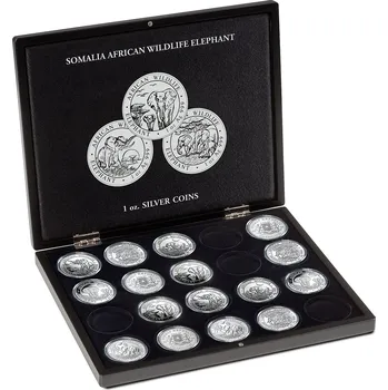 Obal pro sběratelský předmět Leuchtturm Luxusní dřevěná kazeta na stříbrné mince Slon 1 oz v černé barvě s potiskem