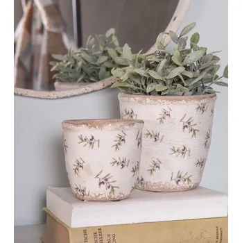 Zahrada Béžový antik obal na květináč s olivami Olive Fields M - Ø 14*13 cm