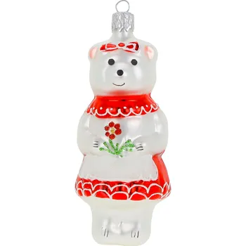 Vánoční ozdoba OZDOBA Medvědice v červených šatech - bílá