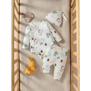 3-dílné kojenecké sety pro kluky - body s bočním zapínáním, tepláčky a čepička Barva: bílá (dinosauři), Velikost: 3-6 měsíců