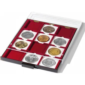 Obal pro sběratelský předmět Leuchtturm Box na 12 rámečků o rozměru 67×67 mm, kouřová barva, se sametově červenou výstelkou