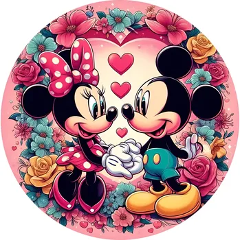 Koberec Disney Kruhový koberec růžový ⌀120cm - Mickey a Minnie láska v květinách