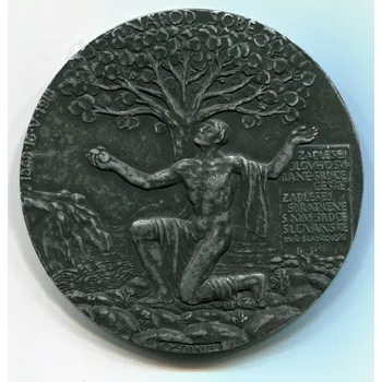 Medaile na paměť padesátého výročí položení základního kamene Národního divadla. ŠPANIEL.