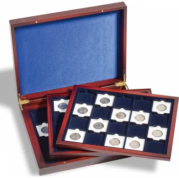 Obal pro sběratelský předmět Leuchtturm Kazeta VOLTERRA TRIO DE LUXE, na 60 kapslí QUADRUM, mahagonové dřevo