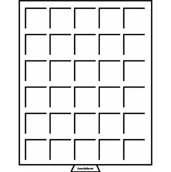 Sběratelství Leuchtturm Box se 30 čtvercovými poli o rozměru 38×38 mm, kouřová barva, se sametově červenou výstelkou