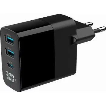 GaN nabíječka do sítě 30 W s LCD, 2× USB‑A a 1× USB‑C, rychlé nabíjení PD/QC 3.0, černá