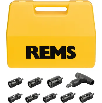řezačka trubek Rems KaliGrat E Set Allround 26 - 8 hlavic 114001, odhrotovací kalibrátory s račnou (Rems 114001 Kalibrační nástroj a vnější/vnitřní odhrotovač trubek - Set Allround 26 14×2+16×2+16×2,25+18×2+20×2+ 20×2,25+20×2,5+25×2,5/26×3)