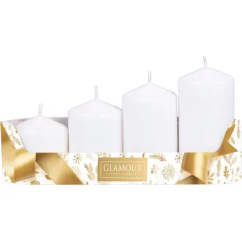 Svíčka Nohel Garden Svíčky adventní STUPŇOVITÉ glitrované d5x6/7,5/9/10,5cm - bílá 4ks