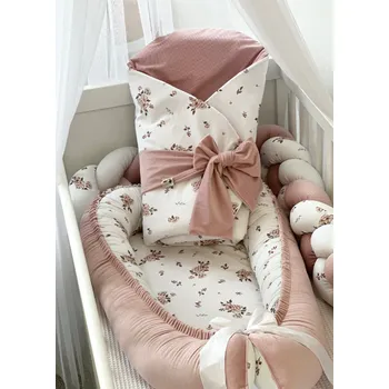 Příslušenství pro dětskou postel a kolébku Set do postýlky - malinový s květinkami