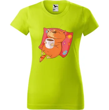 Dámské oblečení DOBRÝ TRIKO Dámské tričko s potiskem Kočka se šálkem Barva: Limetková, Velikost: 2XL