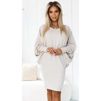 Dámské oblečení 402-7 Svetr teplé netopýří šaty s výstřihem - béžové 2XL/3XL