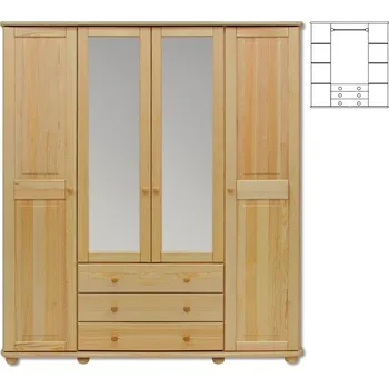 Šatní skříň Dřevěná masivní šatní skřín se šuplíky borovice masiv KIK130 se zrcadlem šířka 165 cm Odstín postele: přírodní lakovaná