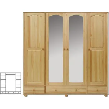 Šatní skříň Šatní skřín 4 dveřova se zrcadlem +3 šuplíky borovice masiv KIK 120 šířka 200 cm Odstíny: Přírodní lakovaná