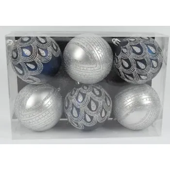 Vánoční dekorace DUE ESSE Sada 6 vánočních koulí, modrá/stříbrná se stříbrným motivem, Ø 8 cm