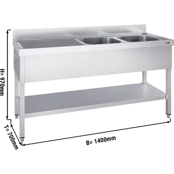 Kuchyňská skříňka G.Gastro Mycí stůl PREMIUM z nerezové oceli - se spodní policí - 1,4 m - 2 dřezy vpravo - D 40 x 50 x H 25 cm