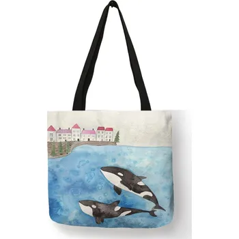 Velká plátěná taška na rameno barevná-kosatky v oceánu a domky