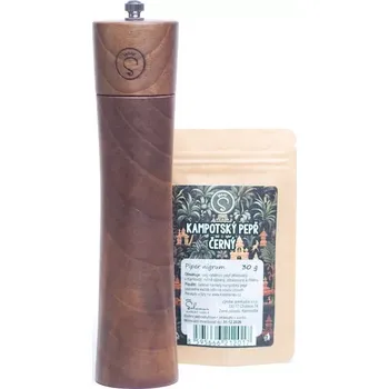 Mlýnek na koření Dřevěný mlýnek s kampotským pepřem, ořech