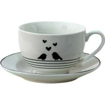 Clayre & Eef - Porcelánový šálek s podšálkem LOVE BIRDS LBSKS