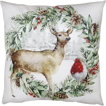 Polštář Povlak na polštář s motivem srnky a vánočním věncem – 45x45 cm
