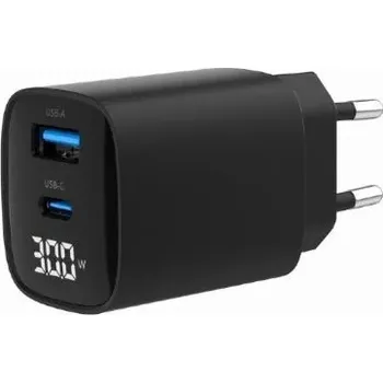 GaN rychlonabíječka 30 W s USB‑C a USB‑A, LCD displej, černá