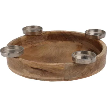 Svícen Adventní kovový svícen na 4 čajové svíčky na dřevěném kulatém tácku 400x400x70 mm, přírodní