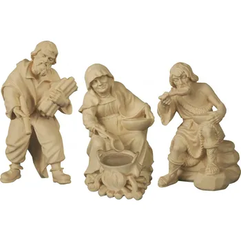 Vánoční dekorace Ornatis Poutníci u ohně Provedení: Přírodní bez malování, Velikost stojících figur dospělých postav: 8 cm Dřevěné vyřezávané sošky dvou poutníku a ženy u ohně