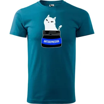Pánská móda DOBRÝ TRIKO Pánské tričko s potiskem s kočkou ANTIDEPRESIVA Velikost: XS, Barva: Petrolejová