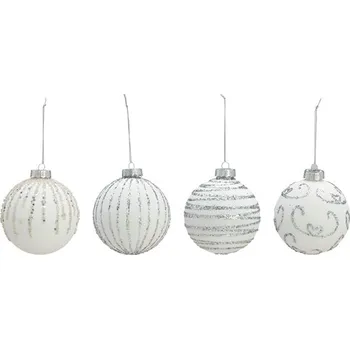 Vánoční dekorace Vánoční koule - sklo, 100mm, bíla se stříbrnýmii aplikacemi, mix / 1ks