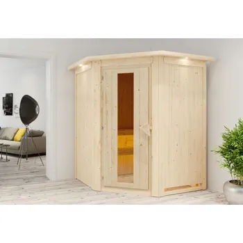 Sauna Finská sauna KARIBU LARIN - stropní římsa a poloskleněné dveře Varianta: finská sauna KARIBU LARIN (75614) LG3972