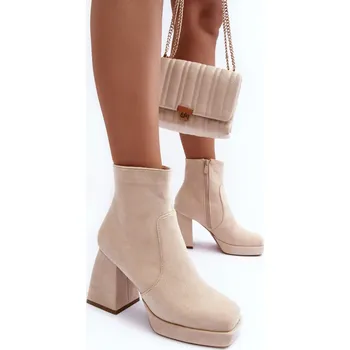 Dámské kozačky Kožené Boty S Masivní Podpatky Abnous Barva: Béžová, Velikost: 41