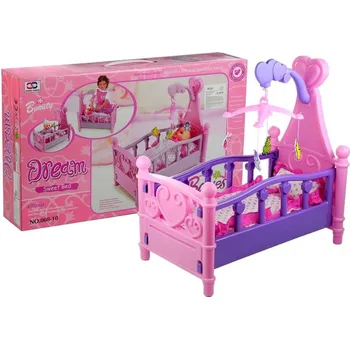 Doplněk pro panenku Mamido Postýlka pro panenky s kolotočem a ložním prádlem růžová