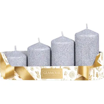 Vánoční dekorace Nohel Garden Svíčky adventní STUPŇOVITÉ glitrované d5x6/7,5/9/10,5cm - stříbrná 4ks