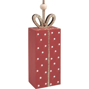 Vánoční dekorace ANDEL vánoce 2025 Dárek s puntíky s glitrem dřevěný na zavěšení 4 x 11 cm